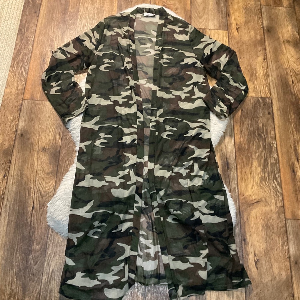 Fun‎ Fash Swim Cover Up Camo Long Sleeve Long Duster Mesh Lightweight